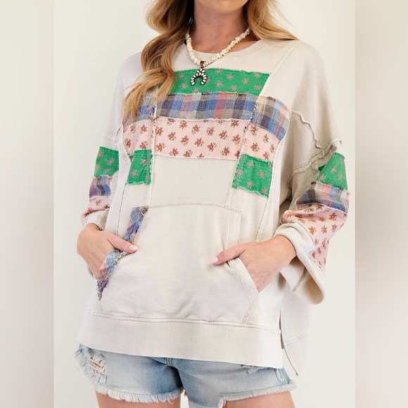 easel Tops - easel Cream Patchwork Pullover with Green, Pink & Blue Accents